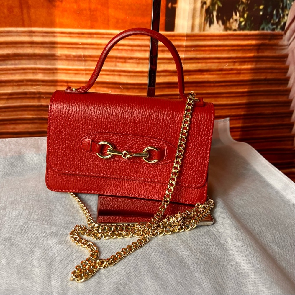 Sorrento Red Pebbled Leather Gold Chain Bit Crossbody Purse, Made in Italy 🇮🇹